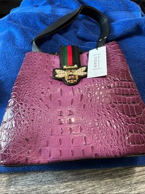 Purple Croc-Embossed Vegan Shoulder Bag with Bee Emblem